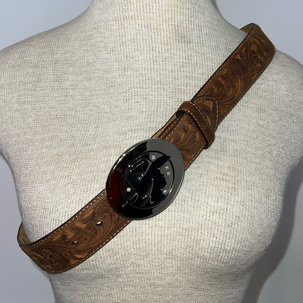 Justin x Brighton Tooled Leather Belt w/ Silver Crystal Embellished Belt Buckle